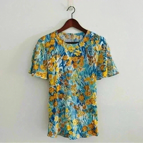 New J. McLaughlin Yellow Blue Floral Blouse Top Linen Blend - Picture 10 of 15